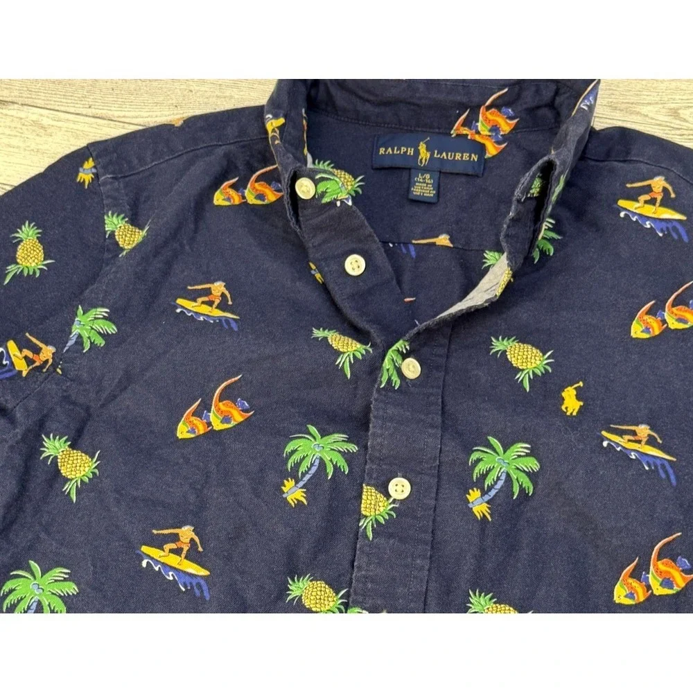 Ralph Lauren Shirt Kids LARGE 14-16 AOP Surf Palm Pineapple Fish Hawaiian Travel